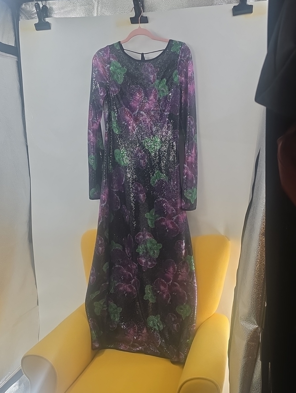 The Wolf Gang Lenee Long Sleeve Floral Sequin Maxi Dress in Black and Purple - Picture 7 of 13